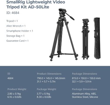SMALLRIG 62'' відеоштатив з 360° флюїдною головою, легкий алюмінієвий штатив з швидкознімною пластиною та ручкою для DSLR та відеокамер, вантажопідйомність 5 кг, AD-50Lite