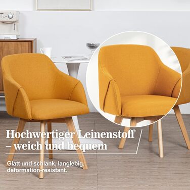 Обідальні стільці Bekrvio (2 шт) з обертанням та підлокітниками – 360° для їдальні, стільці до обіднього столу, обертаються, з м'яким сидінням, з дерев'яними ніжками з масиву бука, жовті, з тканини льон