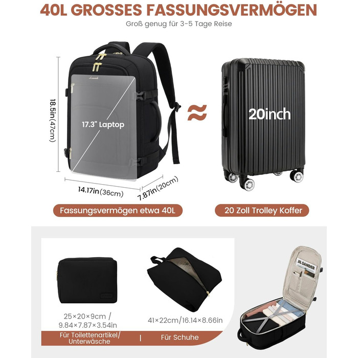 Рюкзак для ручної поклажі LOVEVOOK 40L, для ноутбука 17