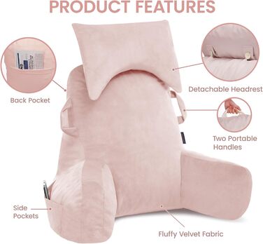 Портативне подушкове крісло для читання з підголовником (Oeko-Tex), м'яке крісло з підлокітниками та кишенями для дорослих, зручне ліжко-подушка з memory foam для гуртожитку (Рожевий, Преміум Великий)