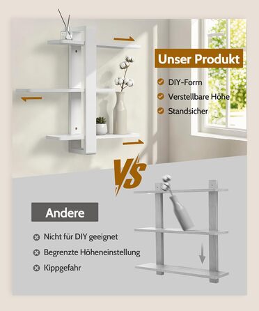 Полиця настінна дерев'яна SUMGAR, плаваючі полиці, 3-ярусна, біла 50x58 см для вітальні, спальні