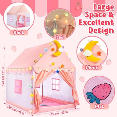 Дитяче намет-ігровий будиночок для дівчаток з килимком та світлодіодними зірками, намет-ігровий будиночок для дітей, намет-принцеса для дівчаток, іграшка-подарунок для дівчаток 3, 4, 5, 6, 7 років