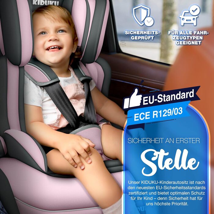 Автокрісло KIDUKU® 9-36 кг (1-12 років) 3-в-1 ECE R129/03, група 1/2/3, з підкладкою, сірий/рожевий