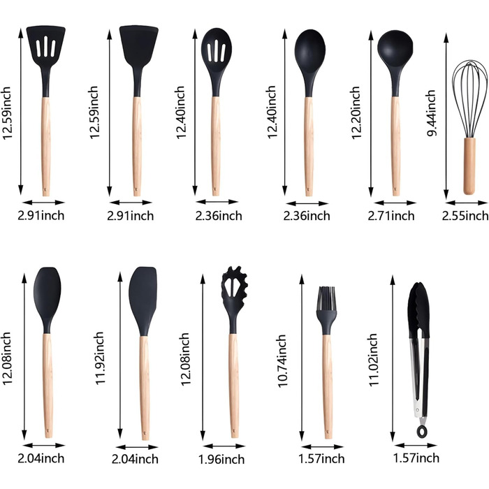 Набір кухонних ножів 19 в 1 з блоком, аксесуари для кухні та набір кухонних ножів, включає 11 шт. силіконових кухонних аксесуарів, 5 шт. гострих ножів з нержавіючої сталі, ножиці та дошку для нарізання (чорний)