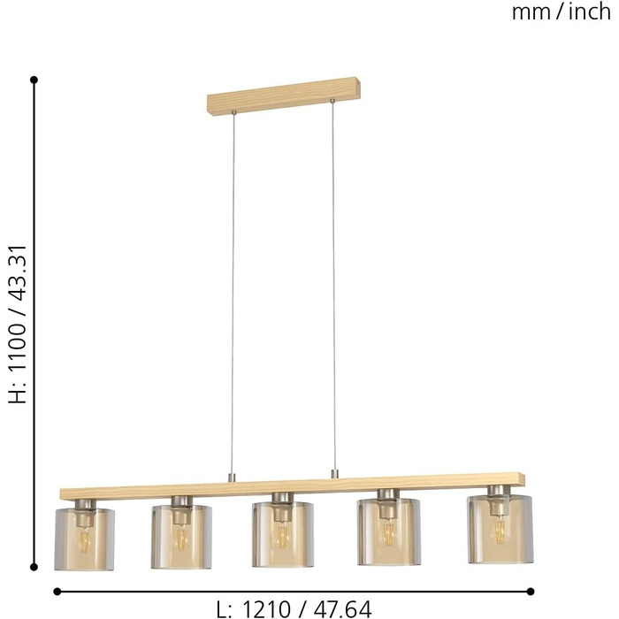 Підвісний світильник EGLO Castralvo, підвісний світильник на 5 полум'я, підвісний світильник зі скла в бурштині та дереві на природі, світильник для їдальні підвісний, цоколь E27, підвісний світильник 121 см 5-flammigamber