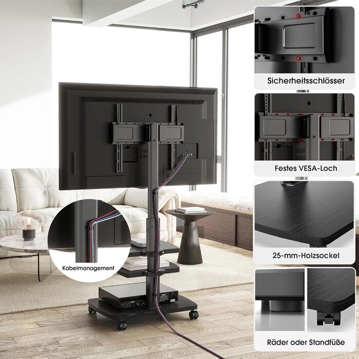 Підставка для телевізора мобільна з поличками Holz, 32-65 дюйми, чорна, VESA 400x400, до 40 кг