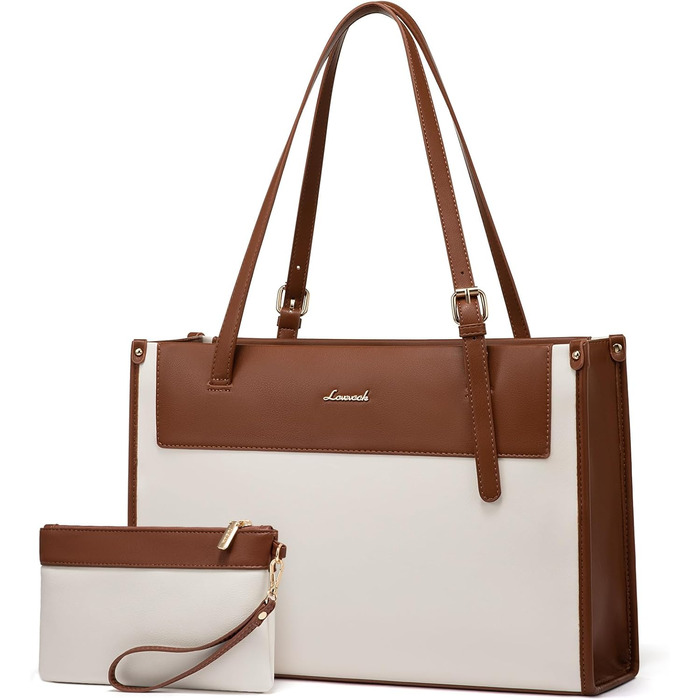 LOVEVOOK Сумка для ноутбука, жіноча велика водонепроникна сумка-шоппер, ділова сумка-акселуар, з PU шкіри, 15.6 дюймів (Коричневий+бежевий)