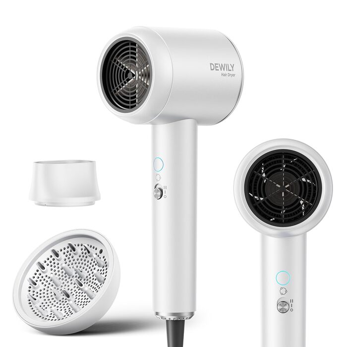 Іонний фен для волосся DEWILY з дифузором 1800Вт, 3 температурні режими, компактний дорожній фен для кучерявого волосся, білий