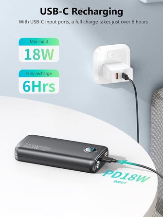 Дисплей, ліхтарик, для смартфона/планшета, 27000mAh, 22.5W PD3.0 QC4.0, USB-C, LED