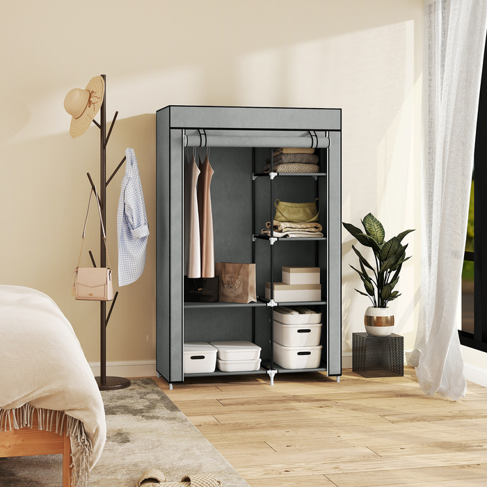 HOMCOM шафа для одягу, тканинна шафа, 6 відділень, сіра, 103x43x162,5 см, складана шафа для одягу з виглядом з флісу | Aosom