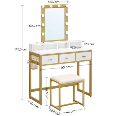 Туалетний столик з табуреткою і дзеркалом - Білий + Золото