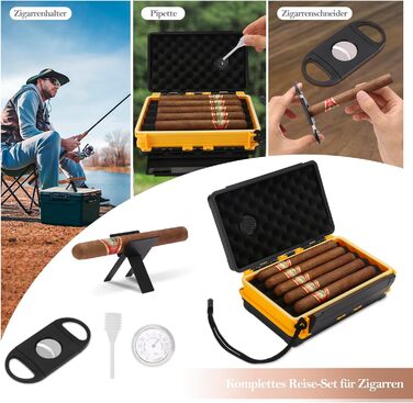 Подорожній вологозберігач для сигар на 5 сигар (50RG), Комплект з різаком, підставкою, гігрометром та зволожувачем, Подарунковий набір для поціновувачів сигар (Жовтий)