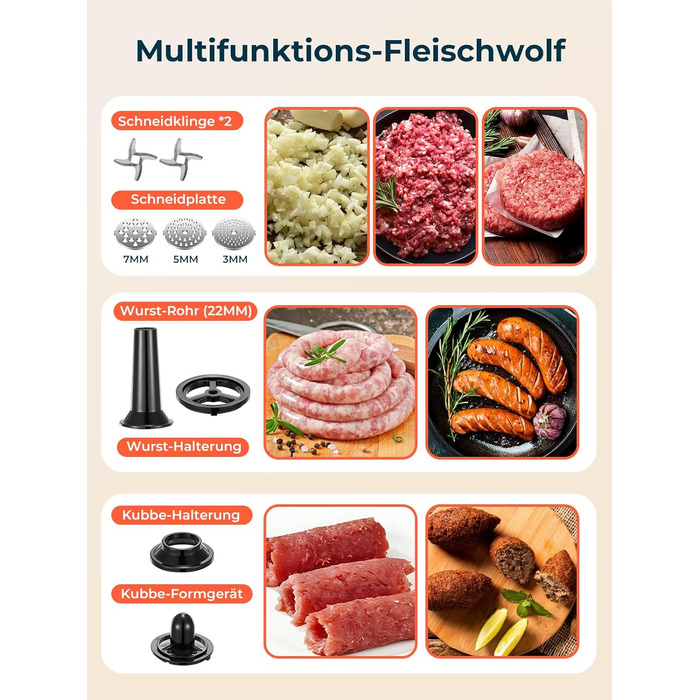 М'ясорубка електрична Fohere 2000 Вт з насадками для ковбас та кубів, 3 диски (3/5/7 мм), чорна