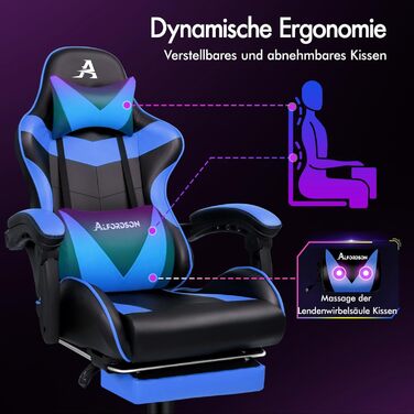Ігровий крісло Alfordson з підніжкою, масажем, регулюванням на 150° та PU-шкірою. Макс. вага 180 кг, серія Eryx (Чорний/Синій)