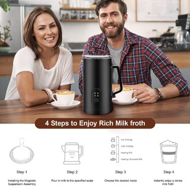 Електричний спінювач молока 4-в-1, 580 мл, автоматичний, для лате, капучино, макіато, нагрівання молока та приготування какао (чорний)