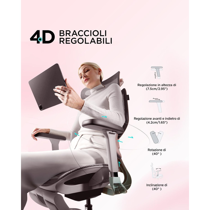 Офісне крісло Hbada E3 Pro, ергономічне, з 3-зонною динамічною поперековою підтримкою, 4D регульованим підголівником, 3D регульованими підлокітниками, підставкою для ніг, рожеве