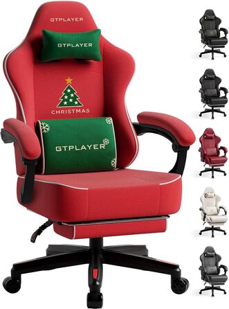 Ігровий крісло GTPLAYER з різдвяним мотивом, з підніжкою, широке сидіння, з подушкою для спини та синхронізованими підлокітниками для великих людей, велюр, червоний, на Різдво