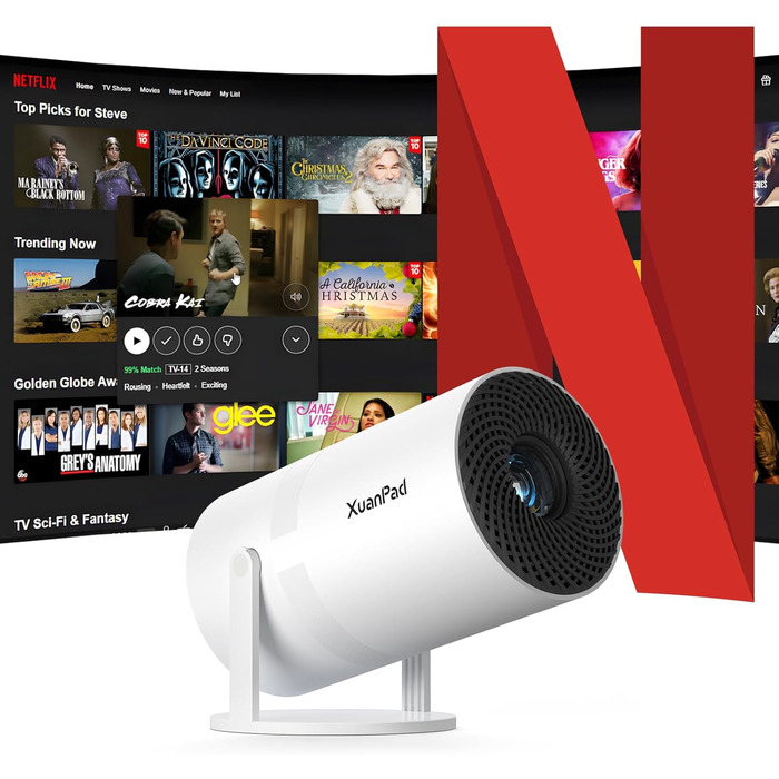 Проектор міні Beamer 19000L 1080P з WiFi, Bluetooth, обертанням 210°, автоматичною корекцією трапецеїдальних спотворень, фільтром пилу та системою відведення тепла. Сертифікований Netflix.