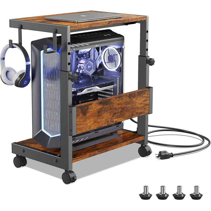 Регульована підставка для комп'ютера Tower з 2-ярусним корпусом ATX, підлоговий стійк, стійка для 3D-принтера з полицями, фіксуючі колеса, сумісна з більшістю комп'ютерів (темно-коричневий, W44 x D30 x H44-59.5cm)