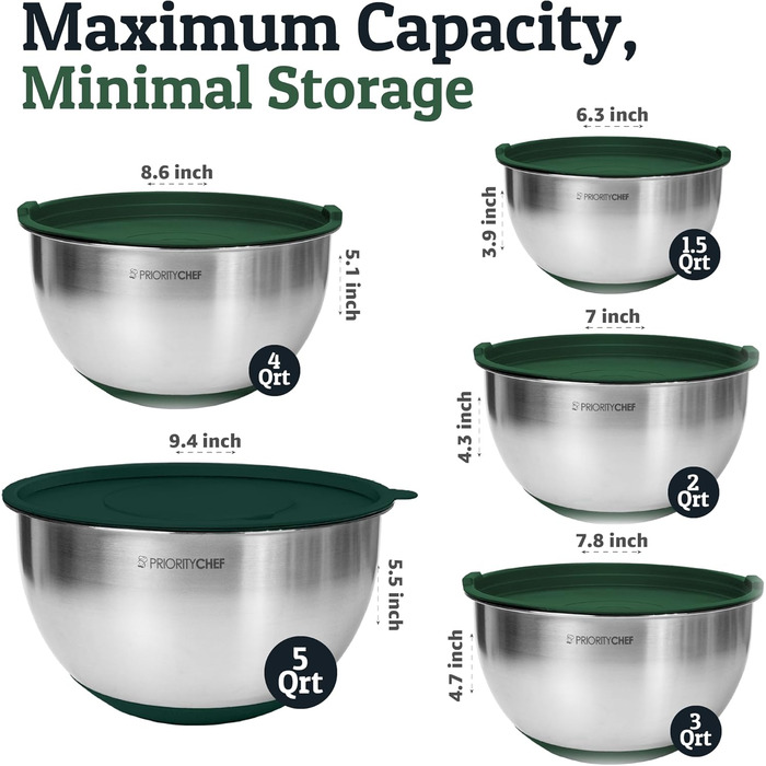Набір міксерів PriorityChef з нержавіючої сталі з кришками, 3 тертки, герметичні кришки, силіконова основа, набір для кухні, великі миски для приготування їжі, зелений