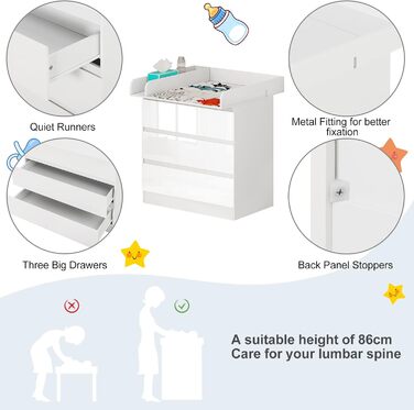 Комод-пеленальник WOLTU з пеленальним столиком, 3 висувні ящики, захист від перекидання, 86 см, білий