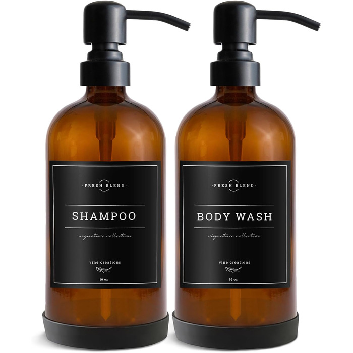 Набір дозаторів для мила 2 шт. для кухні та ванної кімнати, нержавіюча сталь, скло Amber, 475 мл, з водонепроникними етикетками (матова чорна)