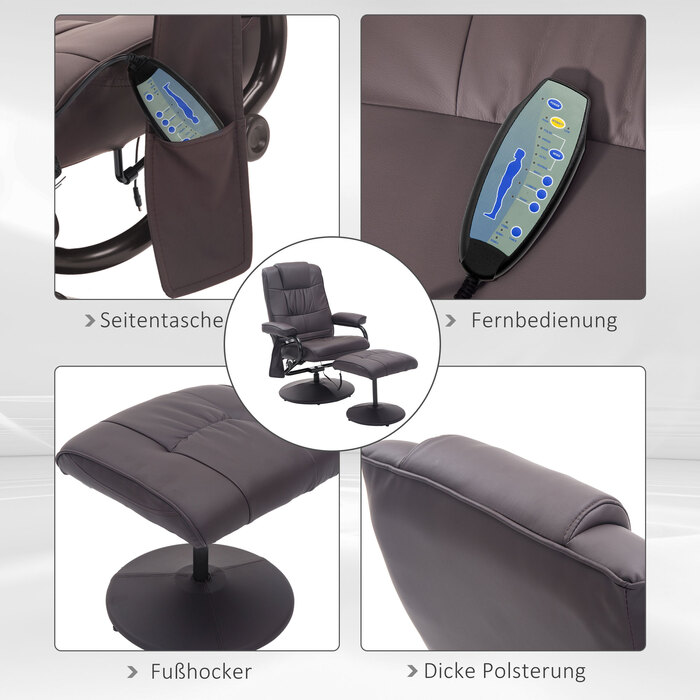 Крісло-масажер для відпочинку з підставкою для ніг, 10 вібраційних точок, 1 пульт дистанційного керування; розміри: 77 см x 84 см x 95 см, колір: коричневий