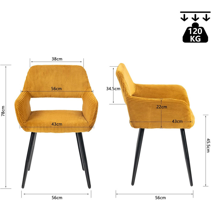 Крісла для їдальні та кухні Cosy - 2 шт. М'які крісла з підлокітниками, жовті, 56x56x78 см