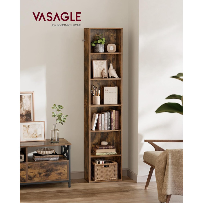 Книжкова шафа VASAGLE, 6 ярусів, індустріальний стиль, 24x60x178.5 см, вінтажний коричневий, для вітальні/офісу