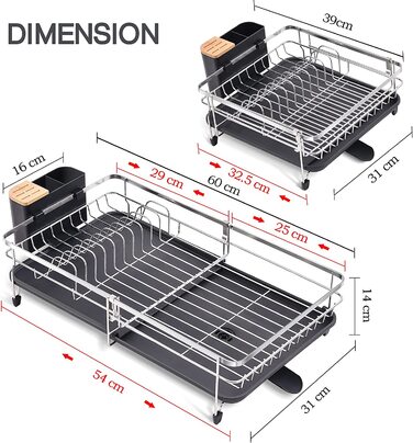 Розширюваний сушар для посуду Kingrack, регульований сушар для посуду, нержавіюча сушка для посуду з нержавіючої сталі 304, полиця для посуду зі знімним тримачем для столових приборів, поворотний злив, 1 шт.