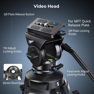 SMALLRIG 62'' відеоштатив з 360° флюїдною головою, легкий алюмінієвий штатив з швидкознімною пластиною та ручкою для DSLR та відеокамер, вантажопідйомність 5 кг, AD-50Lite