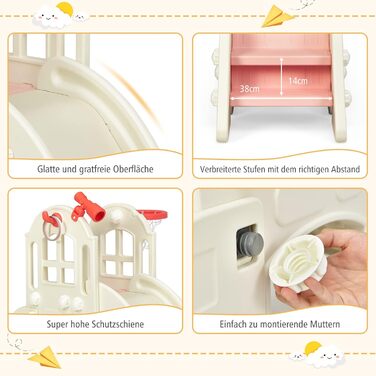 Дитячий ігровий комплекс COSTWAY 6-в-1: гірка, драбинка, баскетбольний кошик, кільця, тунель, телескоп (Рожевий)