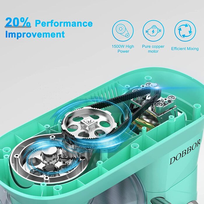 Кухонна машина 9.5л з планетарним міксером, 1500W, DOBBOR, з набором насадок (міксер, гак для тіста, вінчик), 7 швидкостей, синій колір