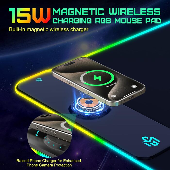 Ігрова килимок для миші RGB з бездротовою зарядкою Qi 15W, LED-підсвічування, 10 режимів, вологостійкий, протиковзкий, для геймінгу, офісу та дому (Чорний)