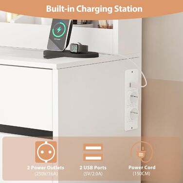 Трюмо з LED-підсвічуванням та пуфом ANWBROAD BDT74W, з дзеркалом, розетками та 5 шухлядами, сучасний білий колір