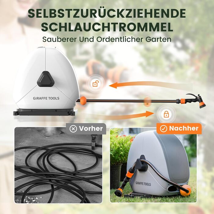Висувна катушка для шланга Giraffe Tools 25 м, міцна, для кріплення на підлозі, з 7-функціональною насадкою та поворотним підставою 360°