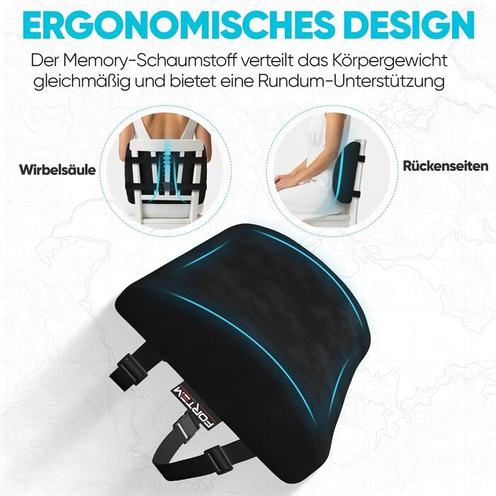 Подушка під поперек FORTEM з ефектом пам'яті для авто, ігрового та офісного стільця, ергономічна підтримка спини з дихаючою знімною обробкою (Чорний велюр)