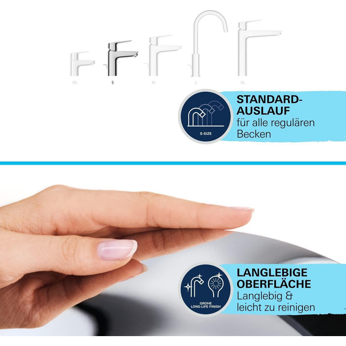 Змішувач для ванної кімнати Grohe StartEdge, економічний, холодна вода в середній позиції, з Pop-Up зливом, 3в1 інструмент, проста установка, хром, 23900001, S-Size, Push-Open, EcoJoy