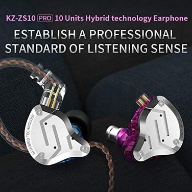 Навушники-вкладиші KZ ZS10 Pro HiFi, чисті баси, шумозаглушення, знімний кабель, без мікрофона, фіолетовий