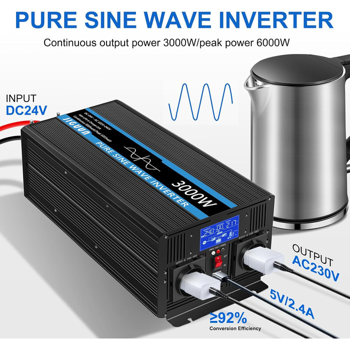 Інверторний перетворювач чистої синусоїди напруги 12 В 230 В із зарядним пристроєм 30 А та пріоритетною схемою живлення та ДБЖ, 2 розетки ЄС, бездротовий пульт дистанційного керування та РК-дисплей (3000W24V), 2000W