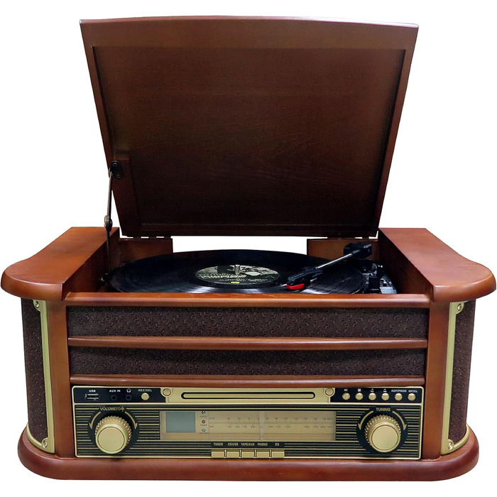 Ретро музичний центр Nostalgie з Bluetooth, касетною декою, CD/MP3/USB програвачем, радіо, програвачем вінілових платівок, AUX IN, записом MP3 та пультом