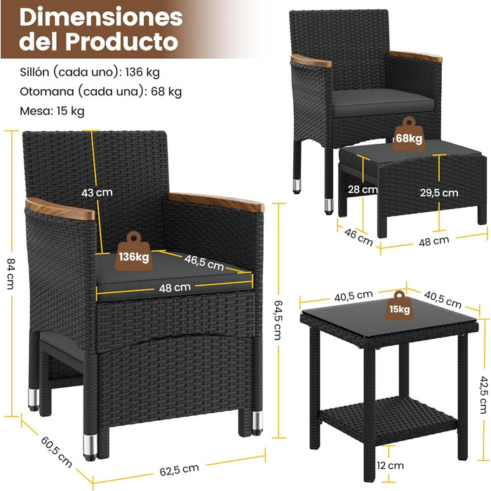 Садовий набір меблів Yaheetech з ротангу для балкона та тераси 5 предметів: 2 крісла, 2 пуфи, столик (чорний/сірий)