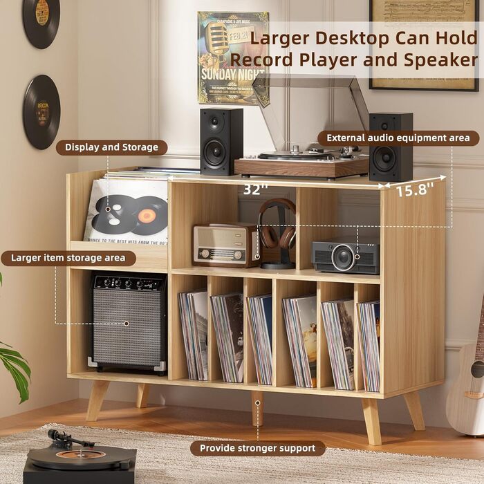 Підставка для платівок велика з полицею для зберігання, дерев'яна, на 450 альбомів