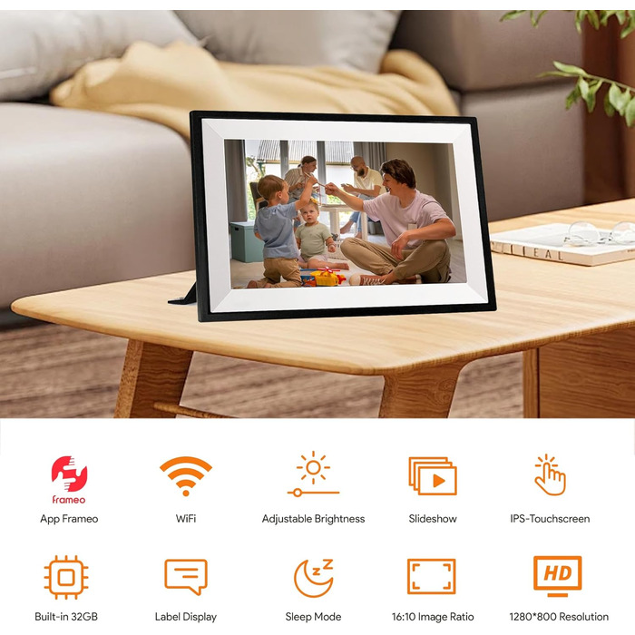 Цифровий фоторамка Aorpdd з Wi-Fi, 10.1 дюйма, HD IPS, сенсорний екран, 32GB, автоматичне обертання, Frameo App, чорний