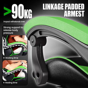 Ігровий крісло Bigzzia - ергономічне комп'ютерне крісло для геймерів з підголівником, RGB підсвічуванням, для підлітків та дорослих (чорно-зелене, без LED)