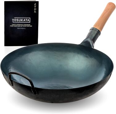 Сковорода вок YOSUKATA Blue 35,6 см - китайська сковорода вок з вуглецевої сталі (35,6 см, синього кольору)