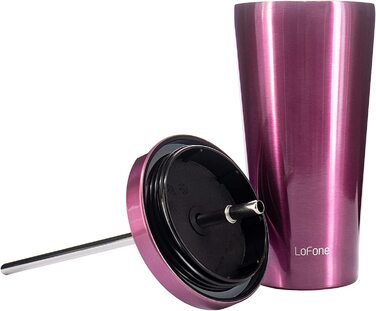 Ізольована Термальна чашка з соломкою, Термальна чашка об'ємом 500 мл з подвійними стінками, кавова чашка з нержавіючої сталі для крижаних або гарячих напоїв (фіолетового кольору)