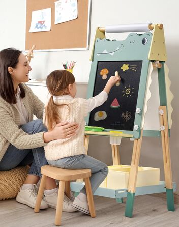 Мольберт для малювання ROBOTIME Alligator – 3-в-1, регульована висота, дерев'яний мольберт з магнітною дошкою, крейдяною дошкою та держателем для рулонів паперу, дитяча арт-станція для хлопчиків та дівчаток