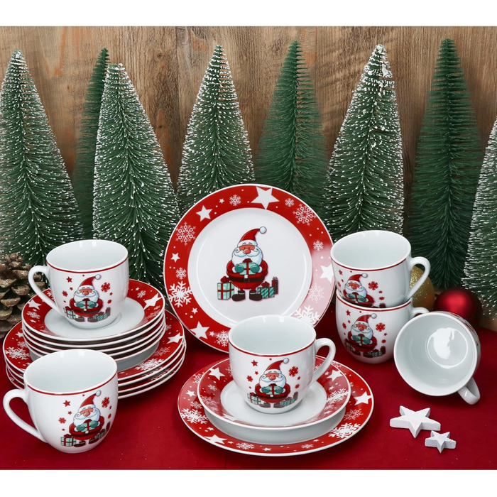 MamboCat Новорічний кавовий сервіз на 6 осіб з порцеляни (18 предметів) | Кавовий набір для святкування Різдва та Миколая