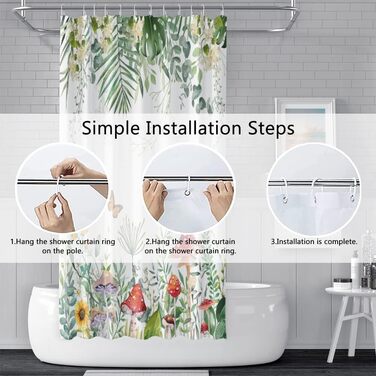 Штора для душу 180x220 см, Антигрибкова, з тропічним дизайном (пальмові листя, евкаліпт, гриби), водонепроникна, поліестер, для ванної кімнати, з 12 гачками, зелена